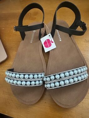 Girls' Black Pearl-Trim Ankle Strap Sandals